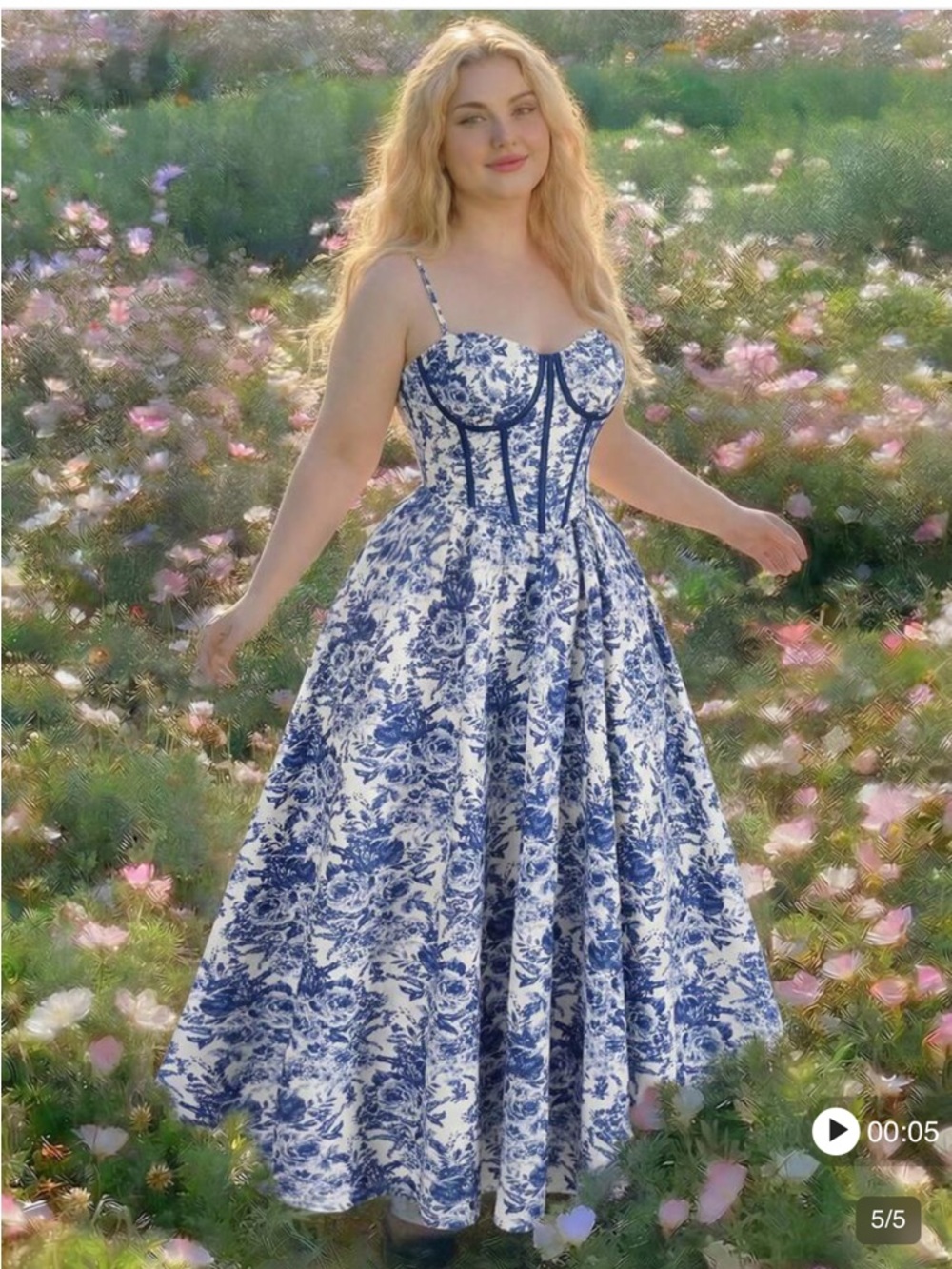 SHEIN Curve Blue & White Floral Dress with Spaghetti Straps